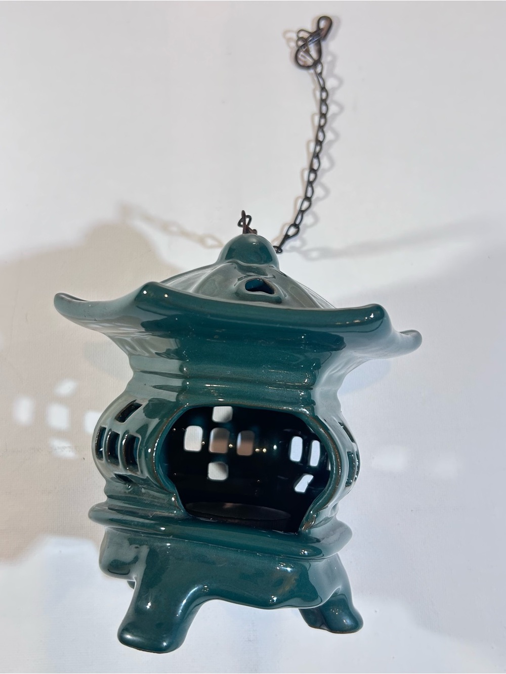 Vintage Green Ceramic Pagoda Lantern Hanging Tea Light Incense Candle Holder